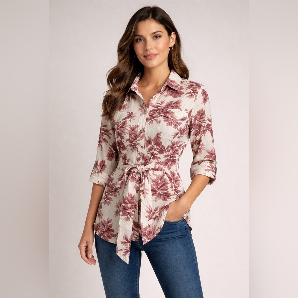 Rachel Zoe 100% Linen Belted Utility Shirt Jacket S Floral Bird Print